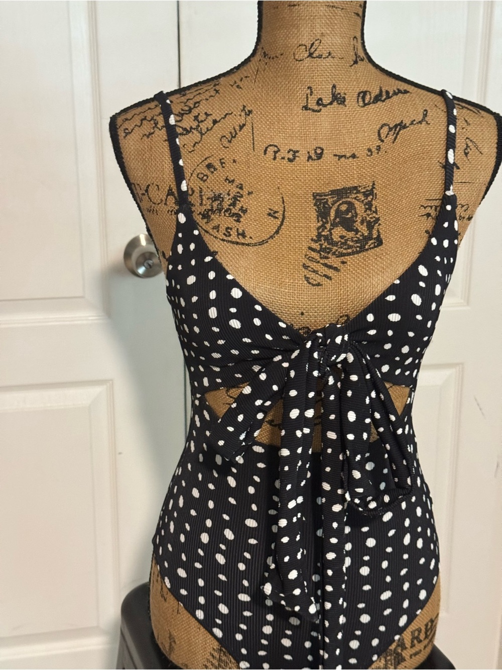 aerie Black Polka Dot One-Piece Swimsuit with Front Tie